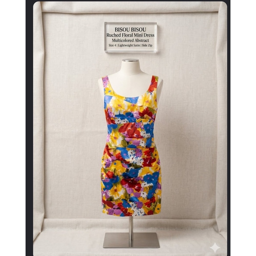Bisou Bisou Ruched Floral Mini Dress Multicolored Abstract Satin Size 12 NWT